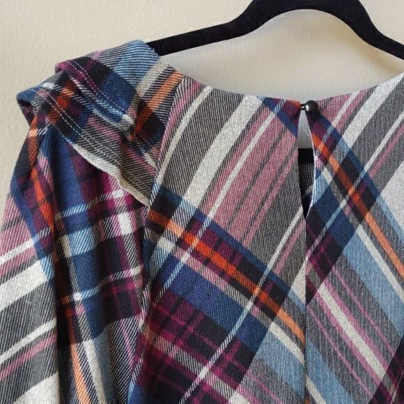 Madison Leigh Plaid‎ Ruffle Shoulder 3/4 Sleeve Swing Dress Sz L - Picture 9 of 12